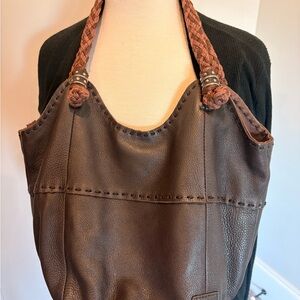 The Sak Brand Brown Leather Slouchy Tote Bag with Braided Handles